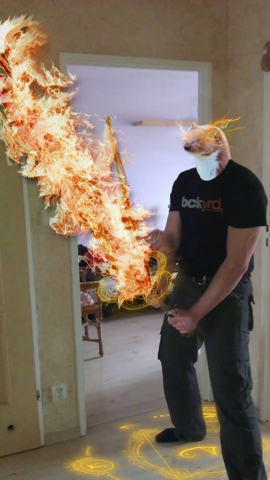 a man with a flaming cactus and a weasel head, surrounded by glowing runes