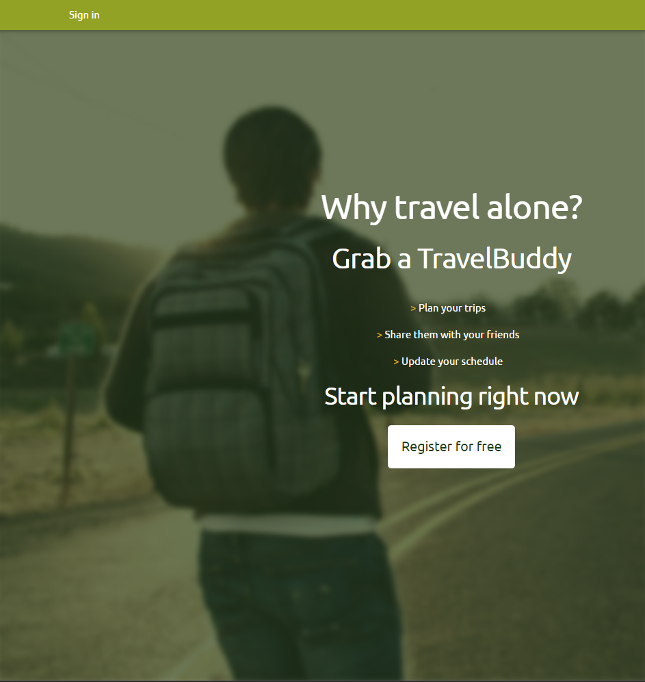 a website landing page with a man with a backpack walking